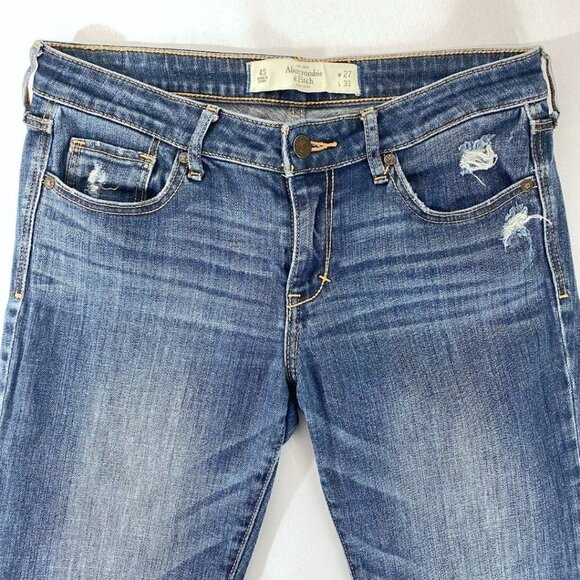 ABERCROMBIE & FITCH THE A&F BOOT DISTRESSED JEANS IN A MEDIUM WHISKERED DENIM - Picture 4 of 10
